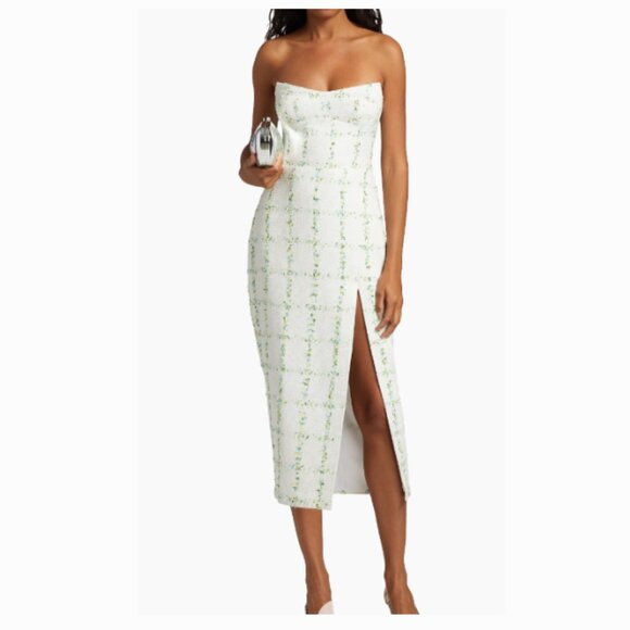 Amanda Uprichard Ivy Tweed Midi Dress Strapless Ivory Green Floral Embelishment